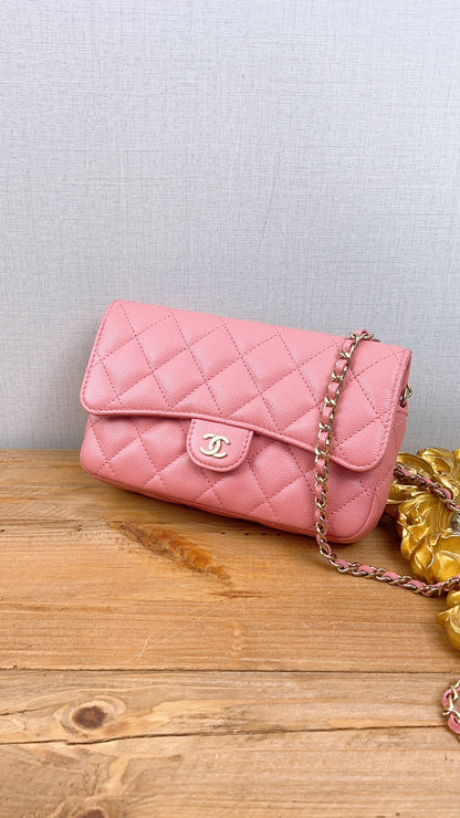 Chanel Pink Caviar Flap Phone Holder w Chain (LGHW)