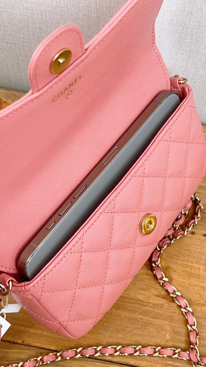 Chanel Pink Caviar Flap Phone Holder w Chain (LGHW)
