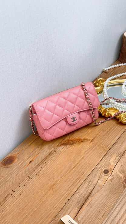 Chanel Pink Caviar Flap Phone Holder w Chain (LGHW)