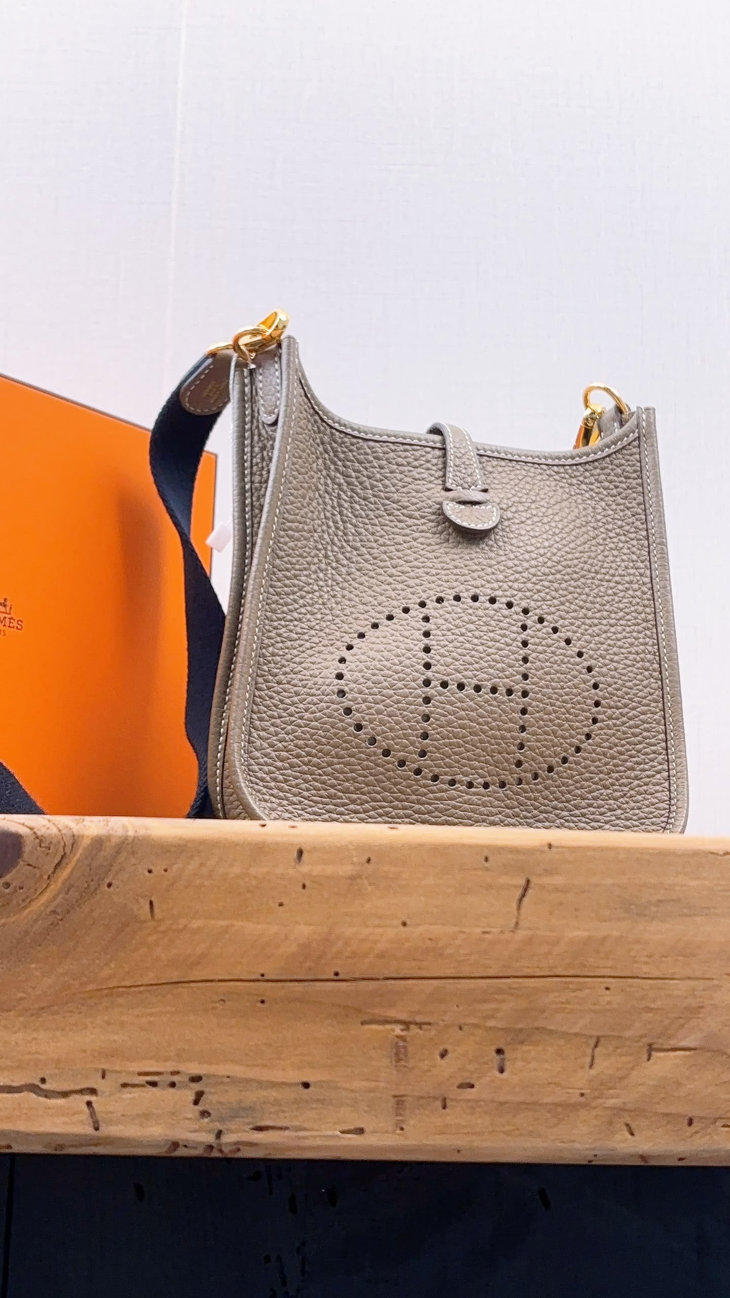 Hermes Etoupe x Bleu Indigo Mini Evelyne (GHW)