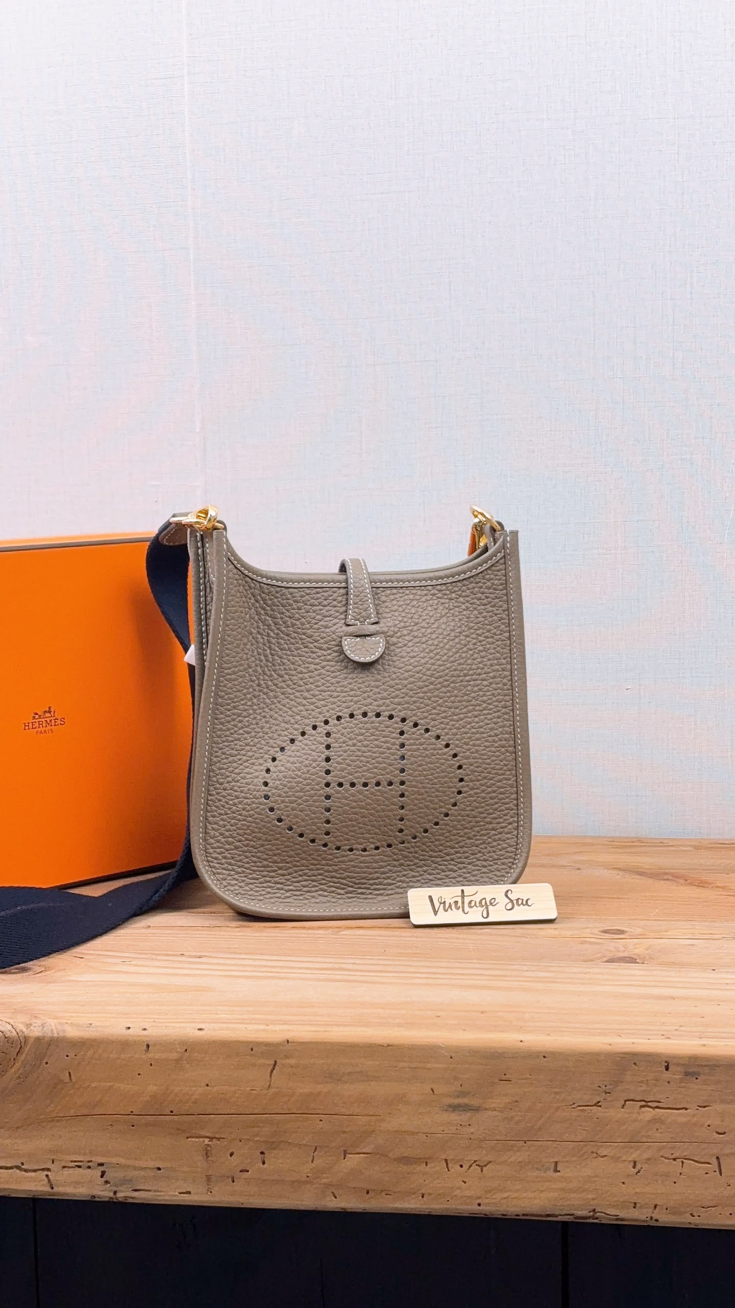 Hermes Etoupe x Bleu Indigo Mini Evelyne (GHW)