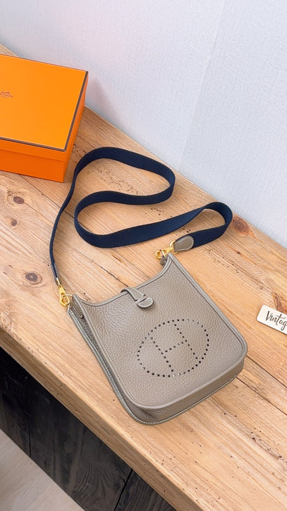 Hermes Etoupe x Bleu Indigo Mini Evelyne (GHW)