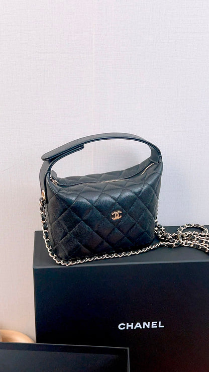 Chanel Black Caviar Mini Hobo Clutch w Chain (GHW)