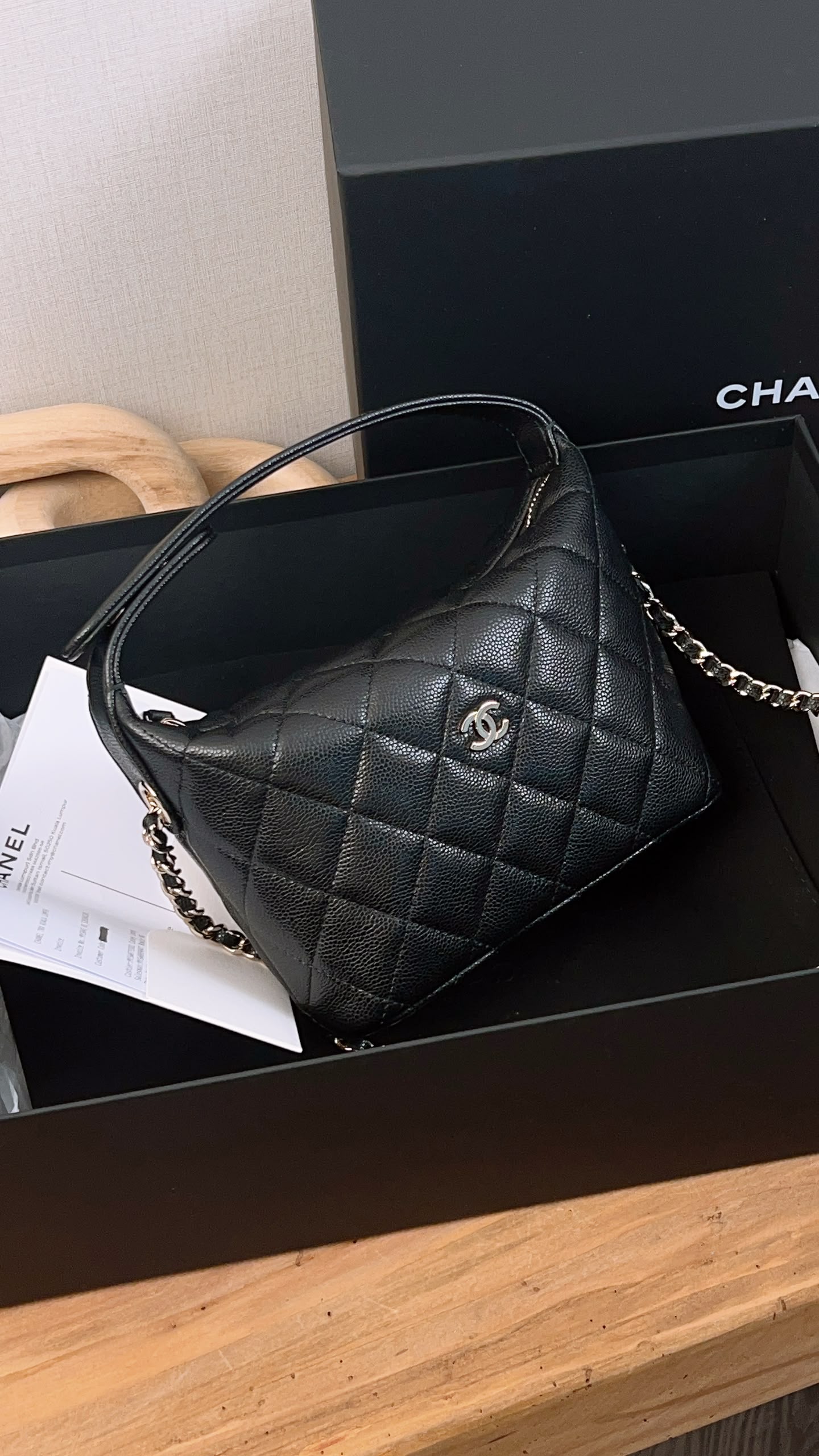 Chanel Black Caviar Mini Hobo Clutch w Chain (GHW)