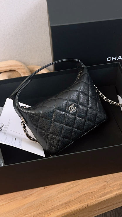 Chanel Black Caviar Mini Hobo Clutch w Chain (GHW)
