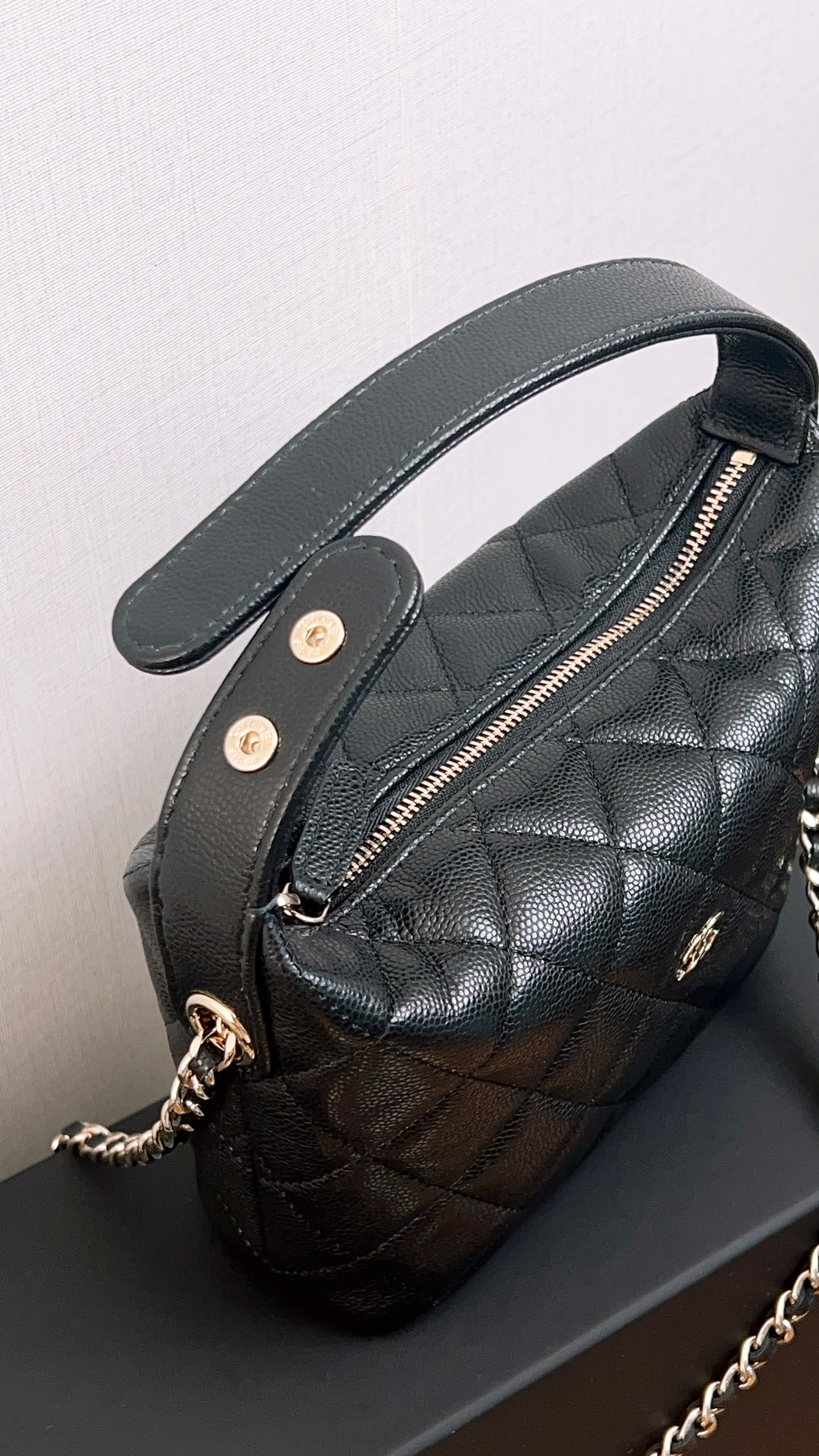 Chanel Black Caviar Mini Hobo Clutch w Chain (GHW)