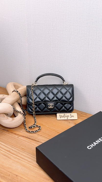 Chanel Black Lambskin Classic Phone Holder with Chain (LGHW)