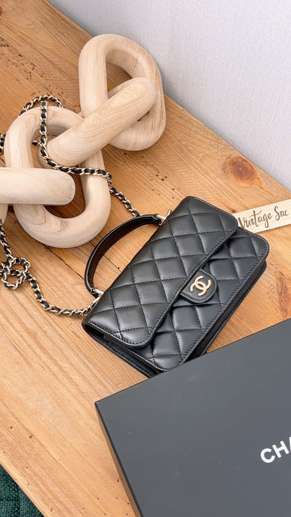 Chanel Black Lambskin Classic Phone Holder with Chain (LGHW)