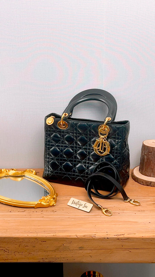 Dior Black Lambskin Vintage Medium Lady Dior (GHW)