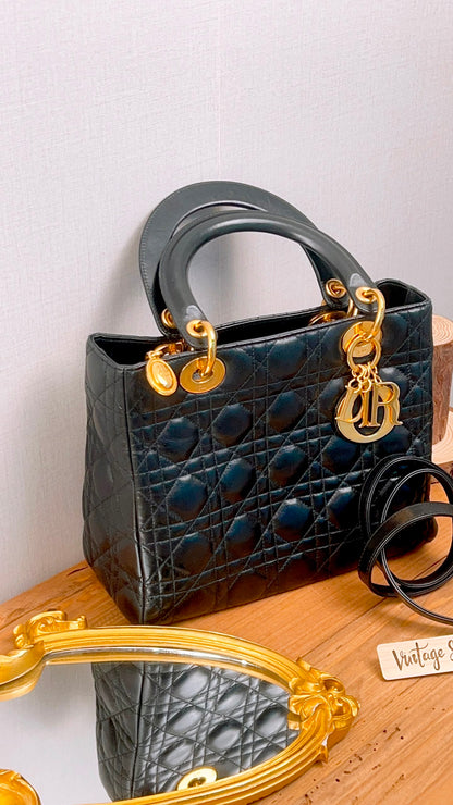 Dior Black Lambskin Vintage Medium Lady Dior (GHW)