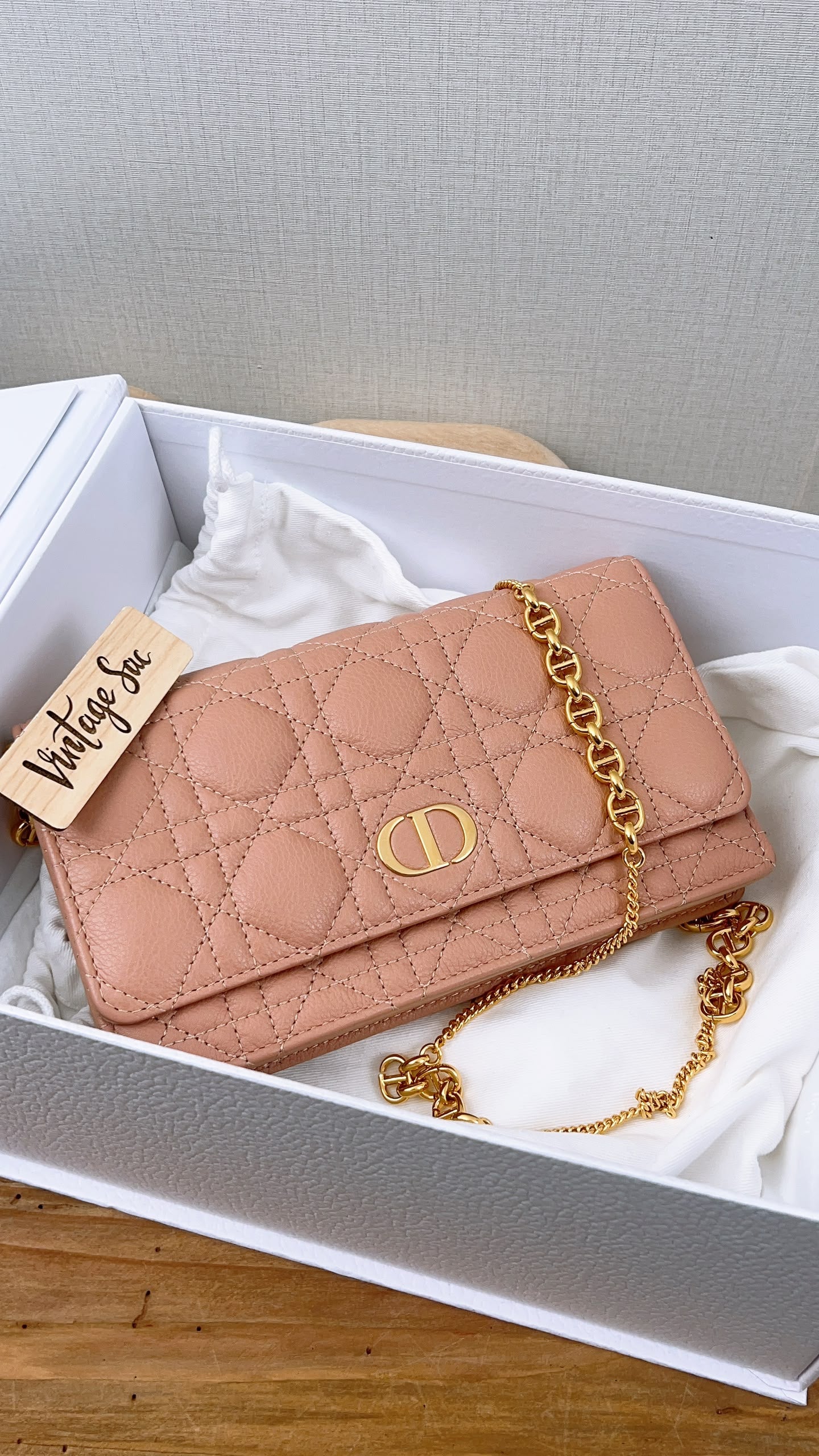 Dior Powder Beige Calfskin Caro Pouch w Chain (GHW)