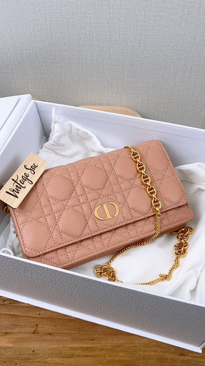 Dior Powder Beige Calfskin Caro Pouch w Chain (GHW)