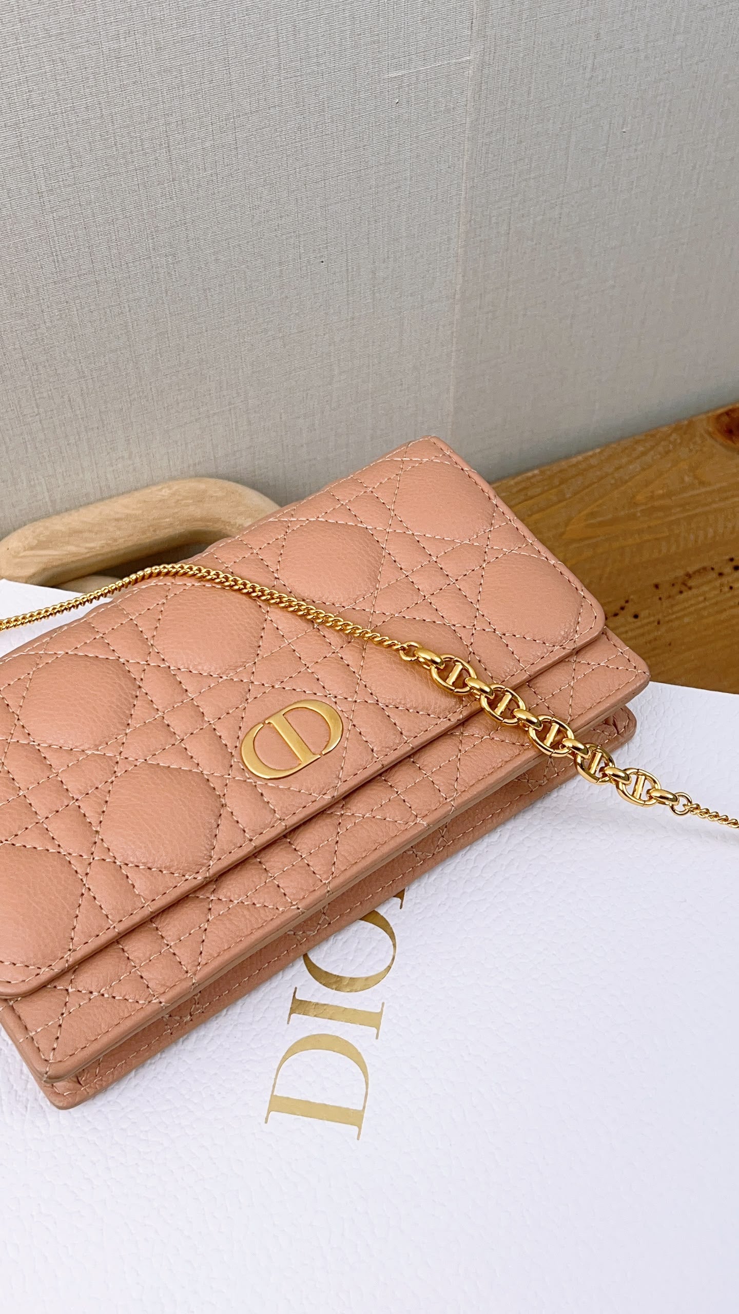 Dior Powder Beige Calfskin Caro Pouch w Chain (GHW)