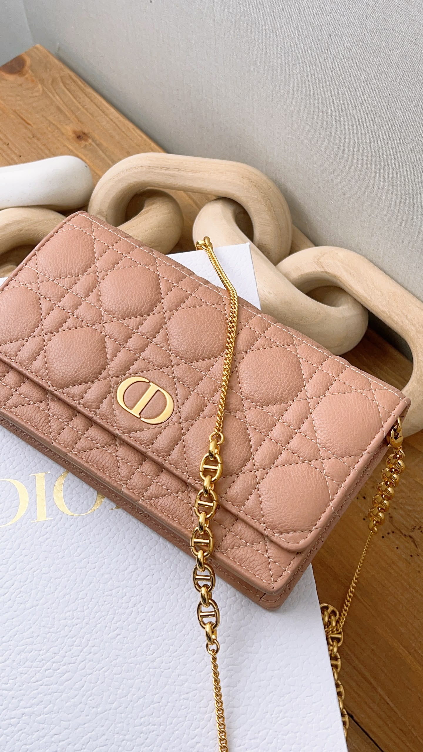 Dior Powder Beige Calfskin Caro Pouch w Chain (GHW)