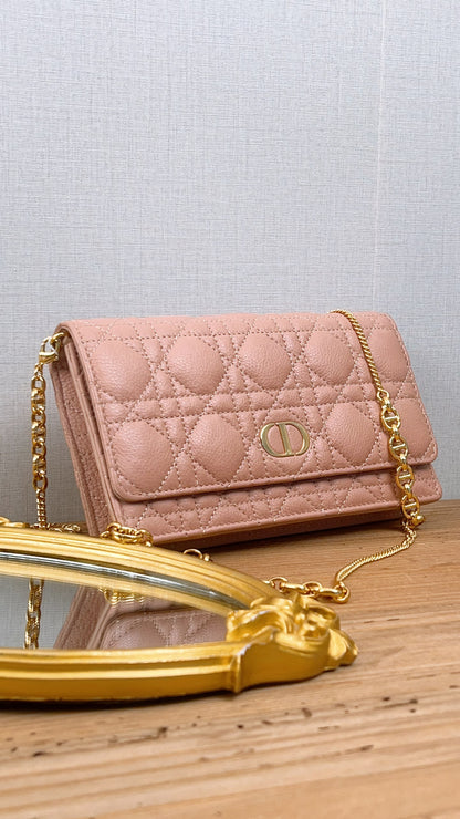 Dior Powder Beige Calfskin Caro Pouch w Chain (GHW)