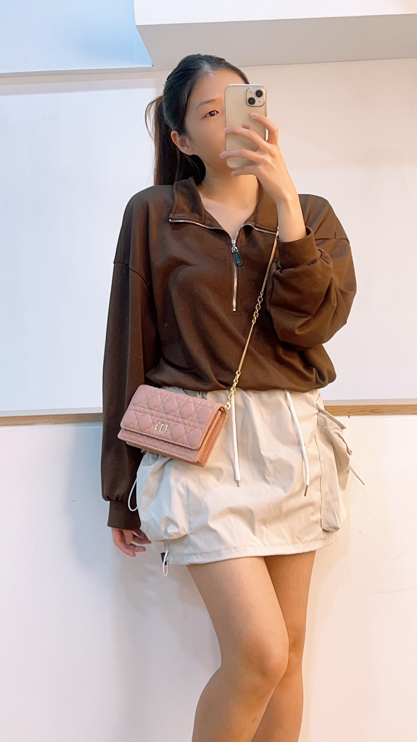 Dior Powder Beige Calfskin Caro Pouch w Chain (GHW)