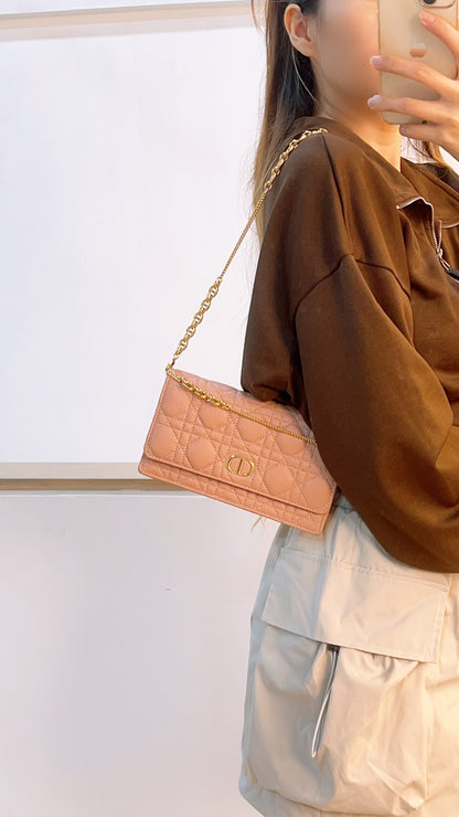 Dior Powder Beige Calfskin Caro Pouch w Chain (GHW)