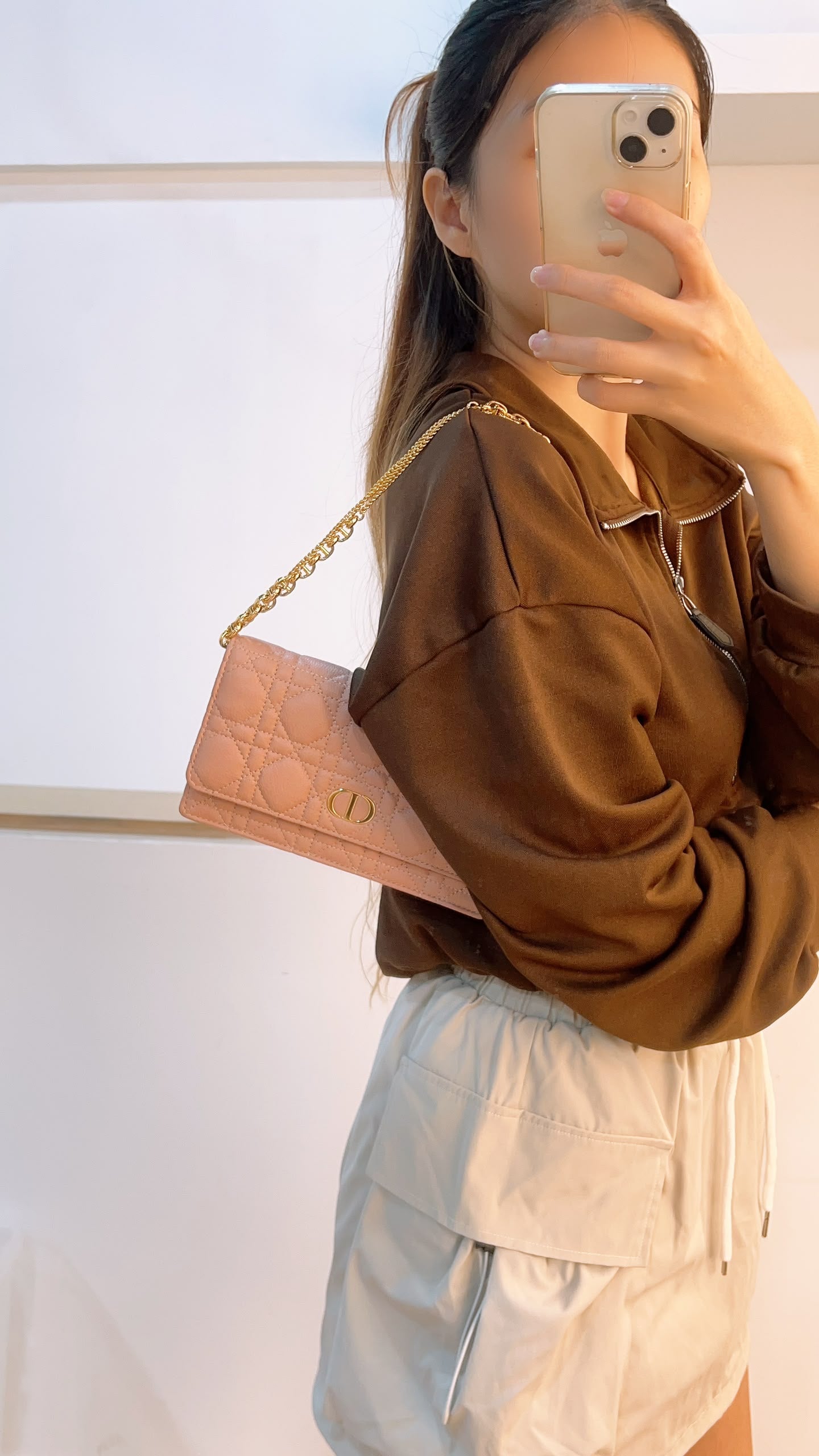 Dior Powder Beige Calfskin Caro Pouch w Chain (GHW)