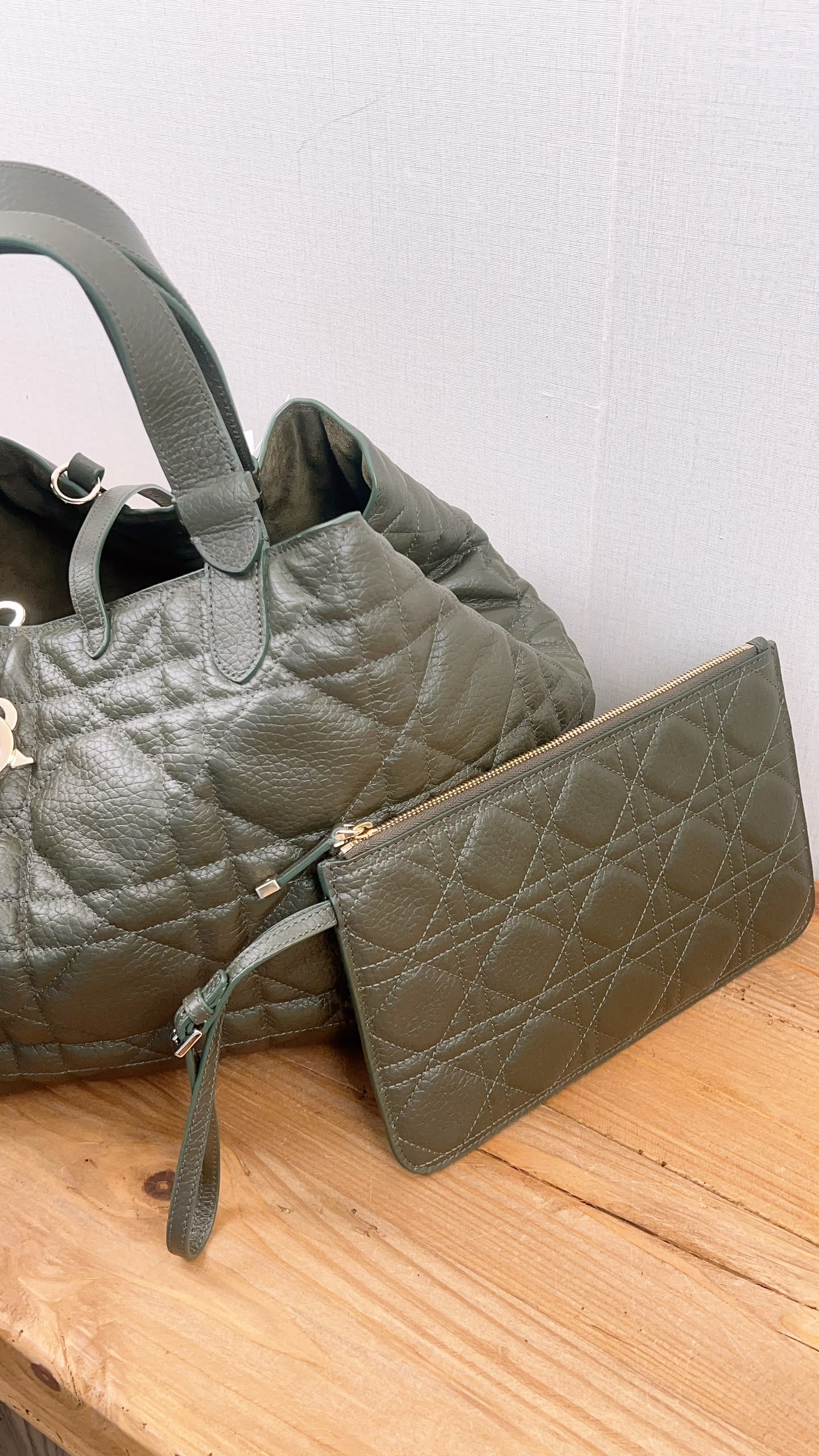 Dior Khaki Large Calfskin Macrocannage Toujours Bag (GHW)