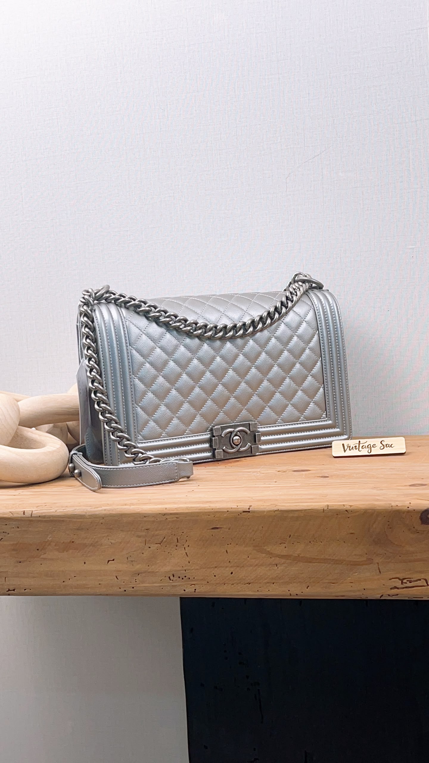 Chanel Metallic Silver Caviar New Medium Boy (RHW)