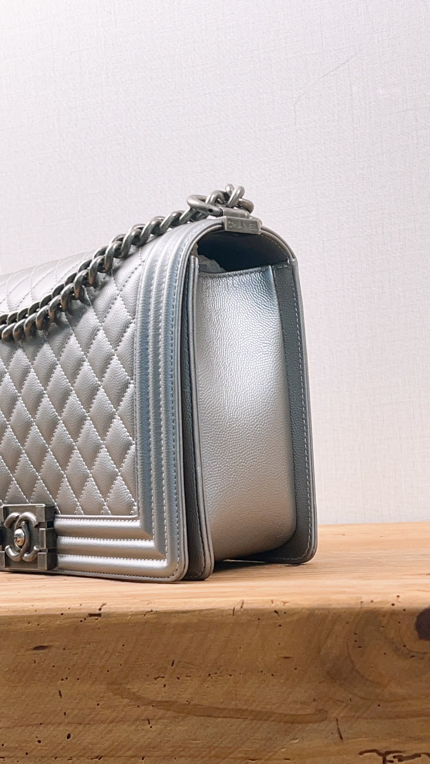 Chanel Metallic Silver Caviar New Medium Boy (RHW)