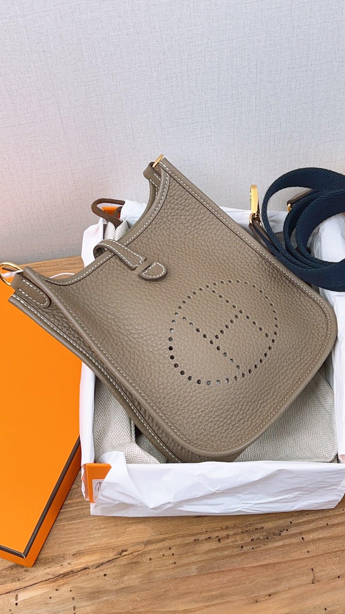 Hermes Etoupe x Bleu Indigo Mini Evelyn (GHW)