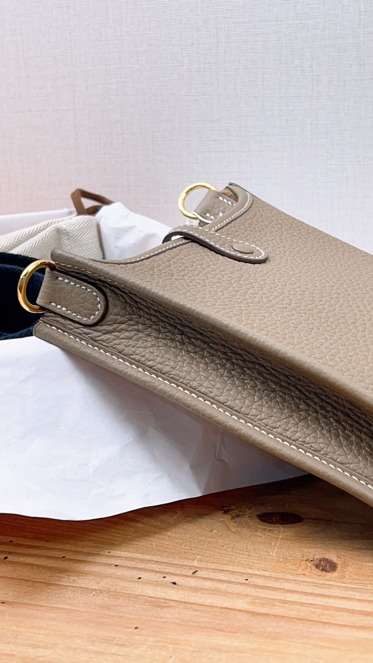 Hermes Etoupe x Bleu Indigo Mini Evelyn (GHW)