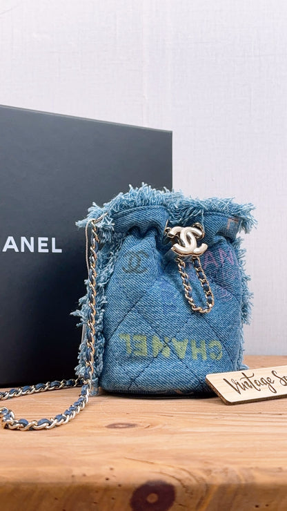 Chanel Denim Quilted Mood Mini Bucket Bag (LGHW)