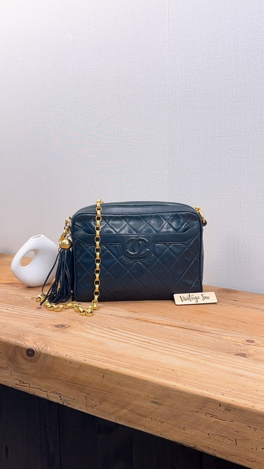 Chanel Navy Lambskin Vintage Tassel Camera Bag (GHW)