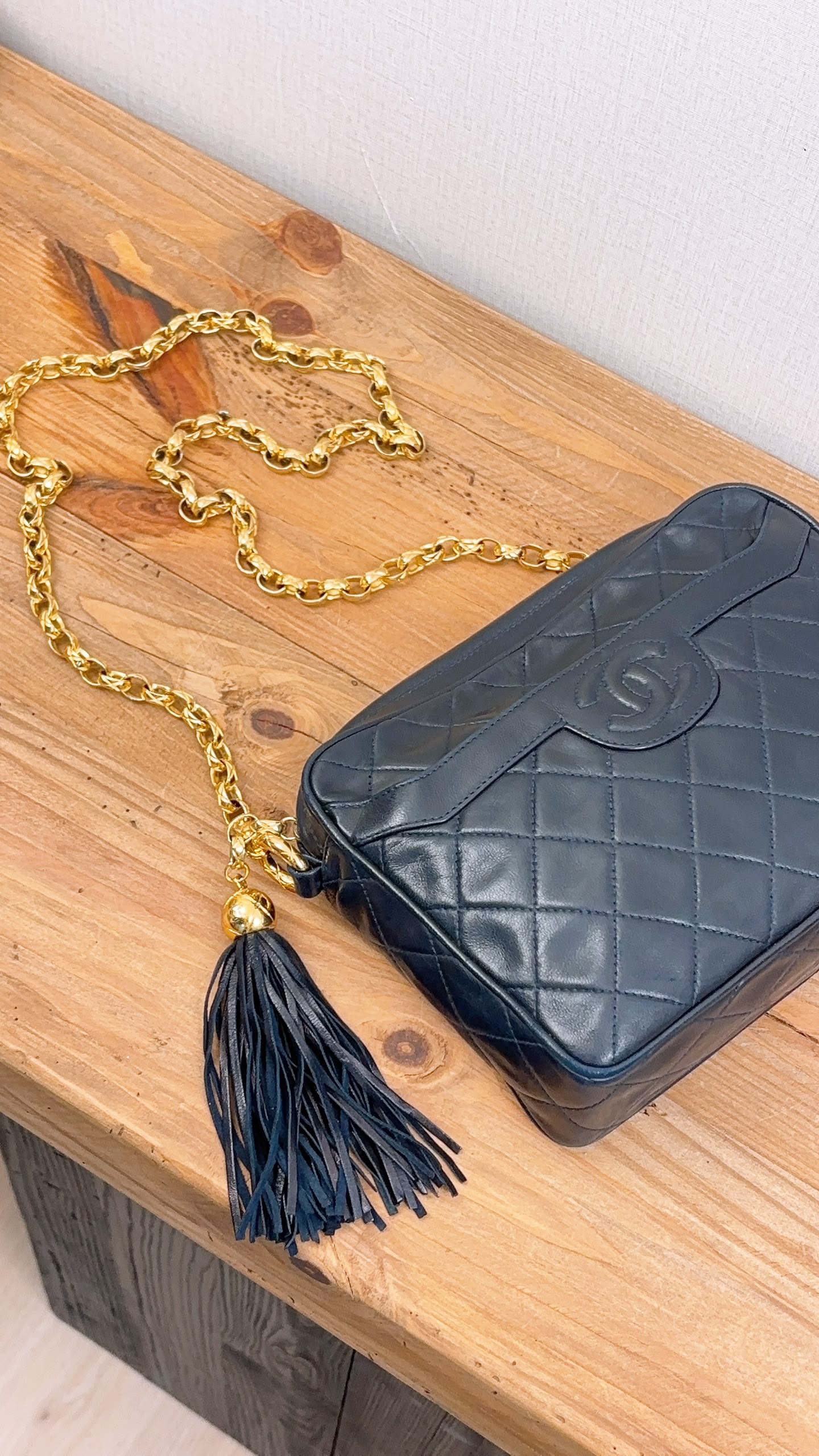 Chanel Navy Lambskin Vintage Tassel Camera Bag (GHW)