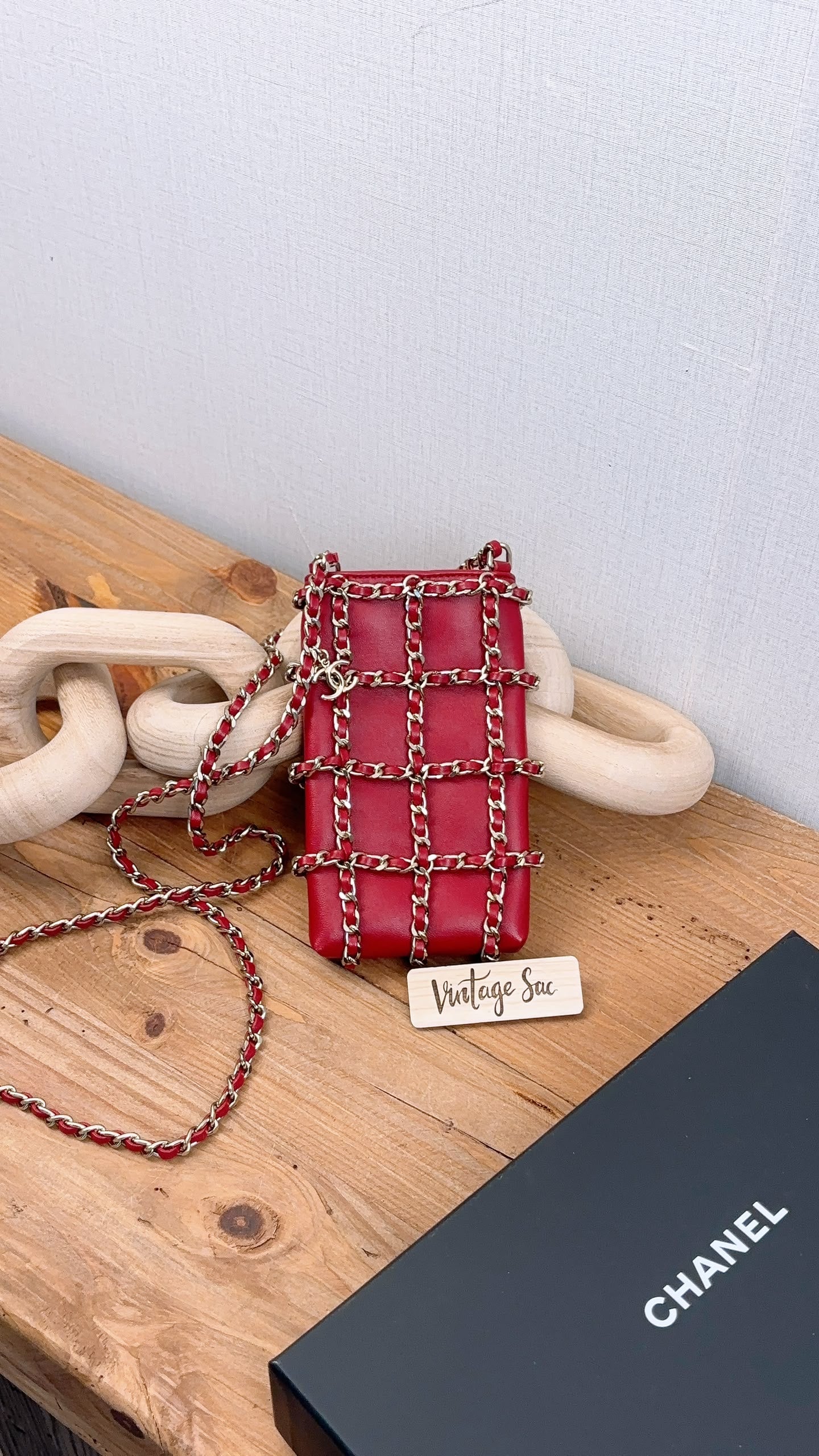 Chanel Red Lambskin Tech Me Out Phone Holder with Chain (LGHW)