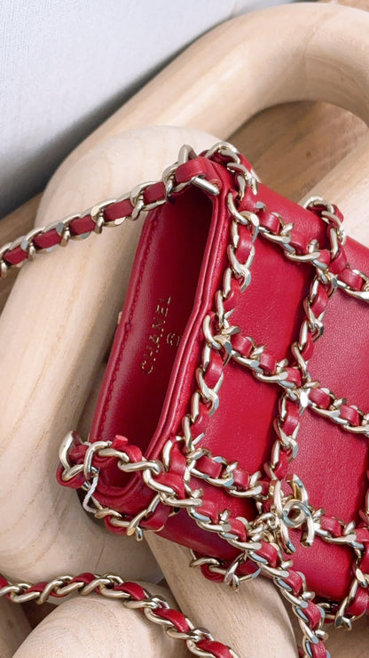 Chanel Red Lambskin Tech Me Out Phone Holder with Chain (LGHW)