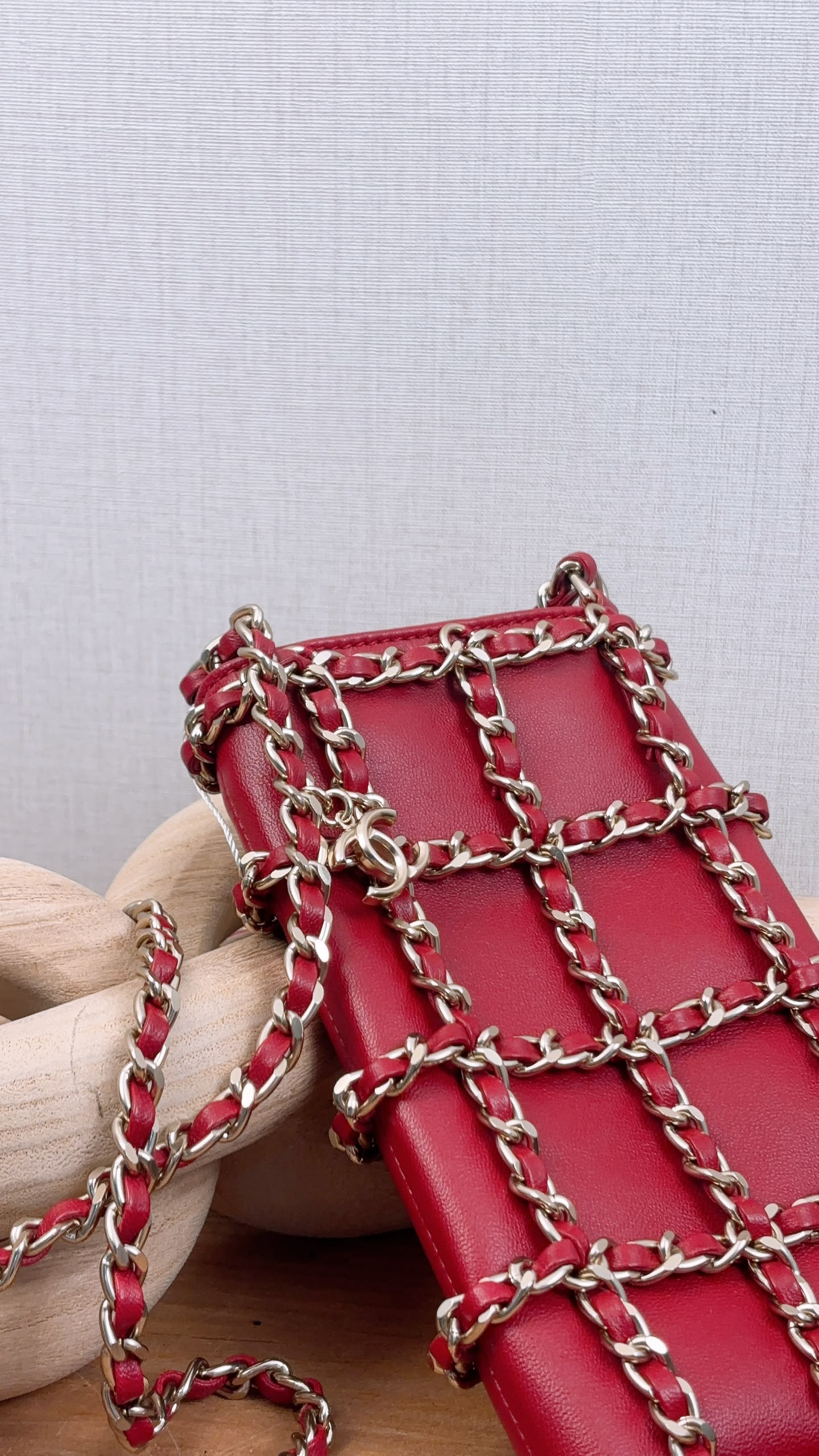 Chanel Red Lambskin Tech Me Out Phone Holder with Chain (LGHW)