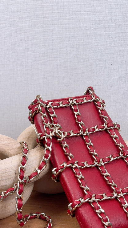 Chanel Red Lambskin Tech Me Out Phone Holder with Chain (LGHW)