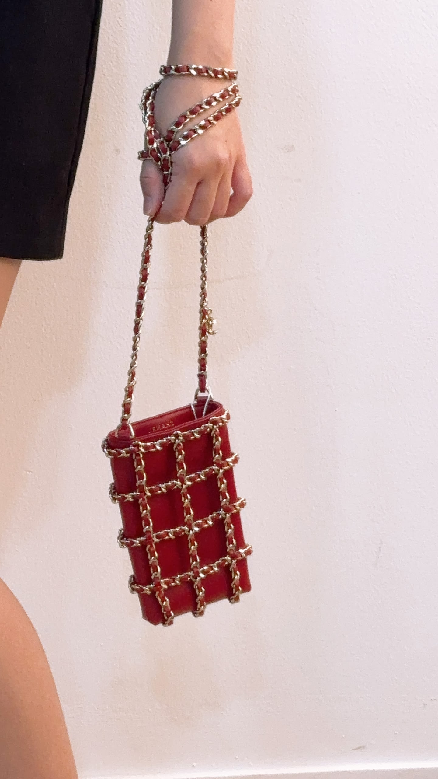 Chanel Red Lambskin Tech Me Out Phone Holder with Chain (LGHW)