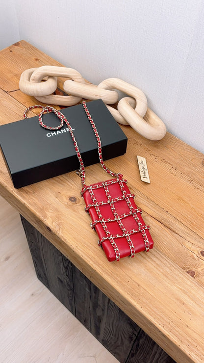 Chanel Red Lambskin Tech Me Out Phone Holder with Chain (LGHW)