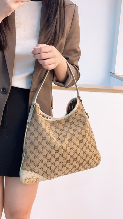 Gucci Beige Monogram Canvas New Brit Hobo
