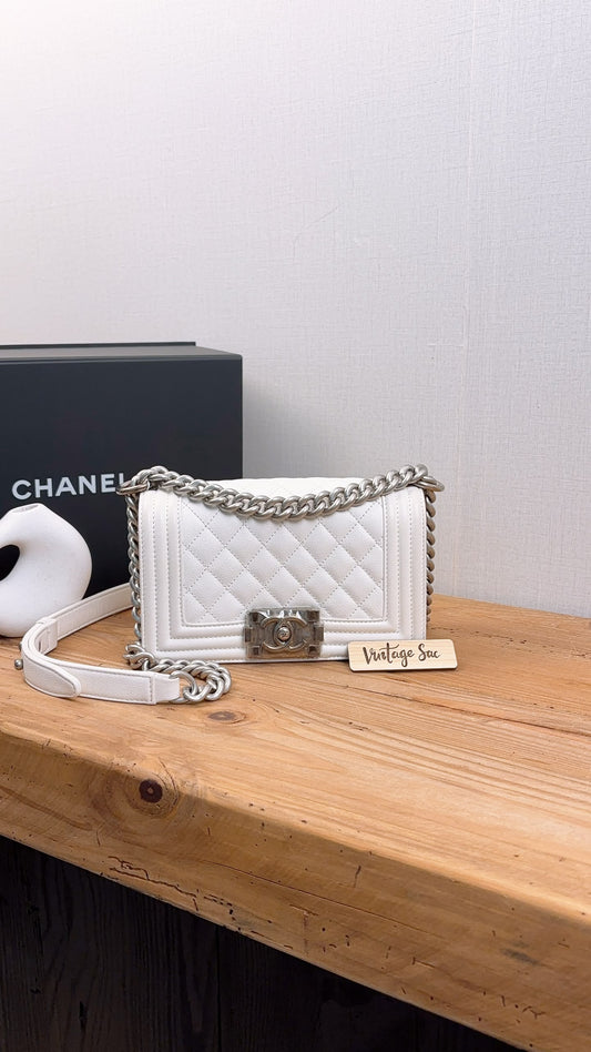 Chanel White Caviar Small Boy Flap Bag (RHW)