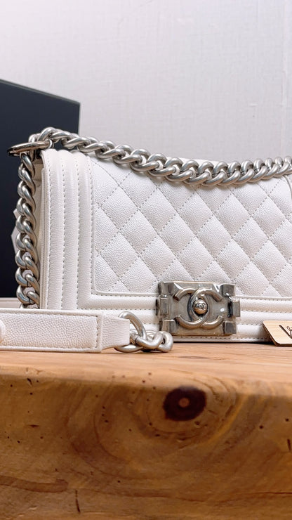 Chanel White Caviar Small Boy Flap Bag (RHW)