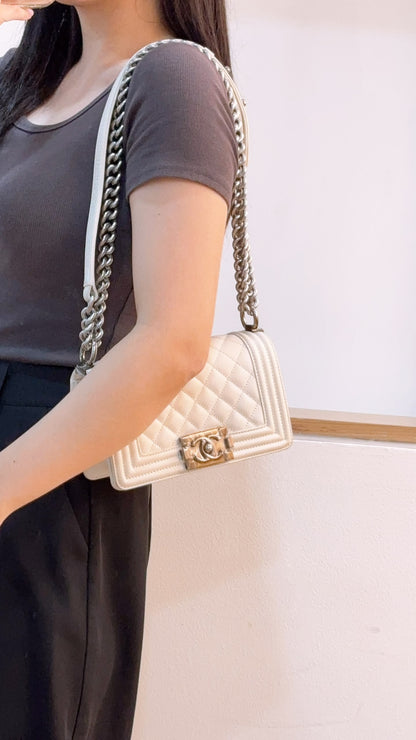 Chanel White Caviar Small Boy Flap Bag (RHW)