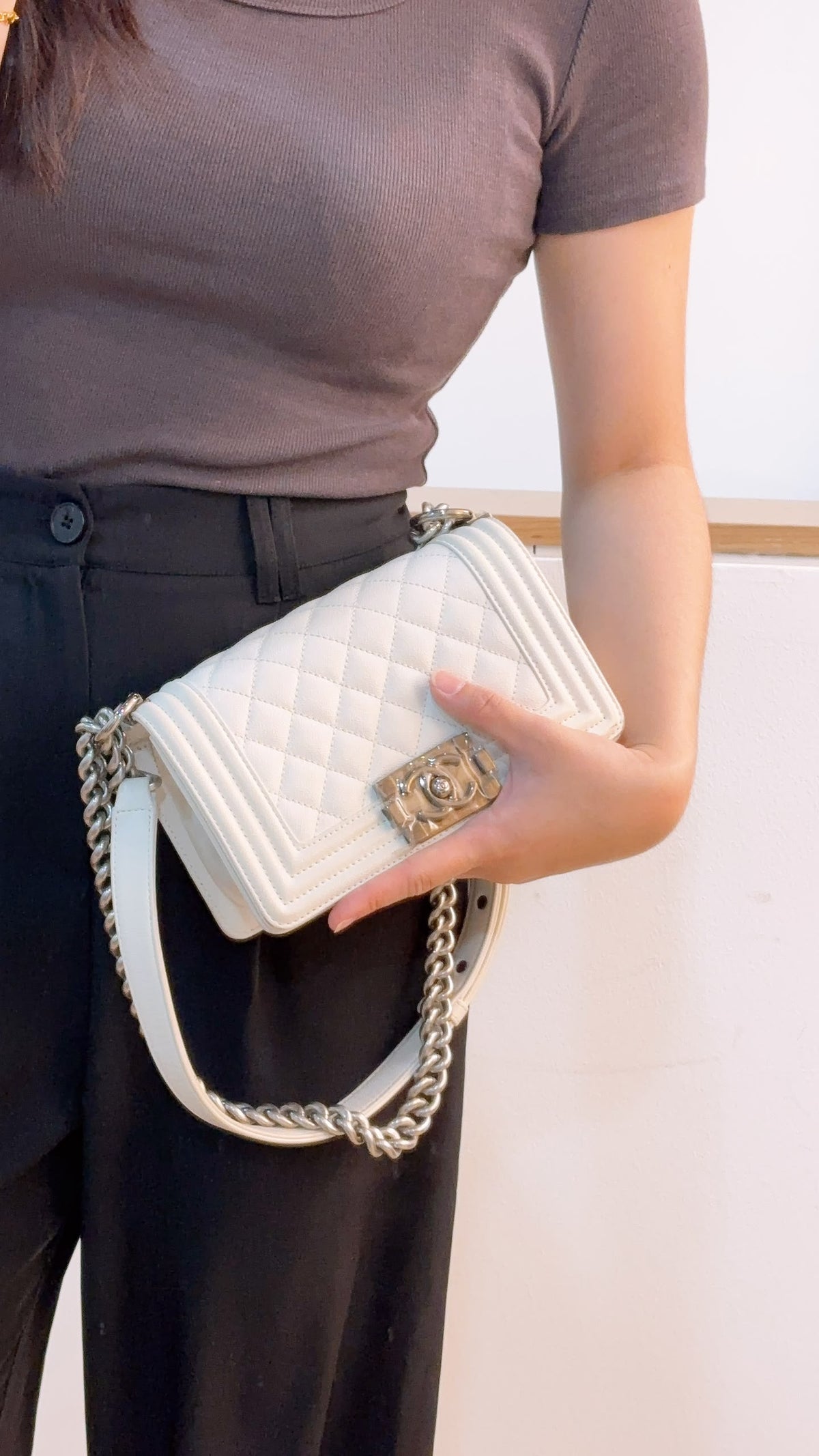 Chanel White Caviar Small Boy Flap Bag (RHW)