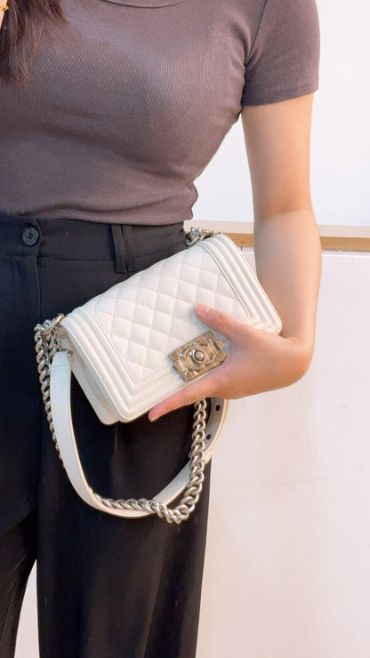 Chanel White Caviar Small Boy Flap Bag (RHW)