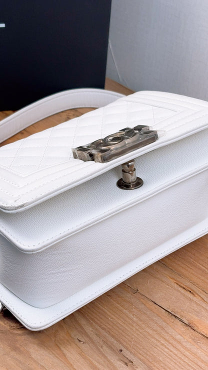 Chanel White Caviar Small Boy Flap Bag (RHW)