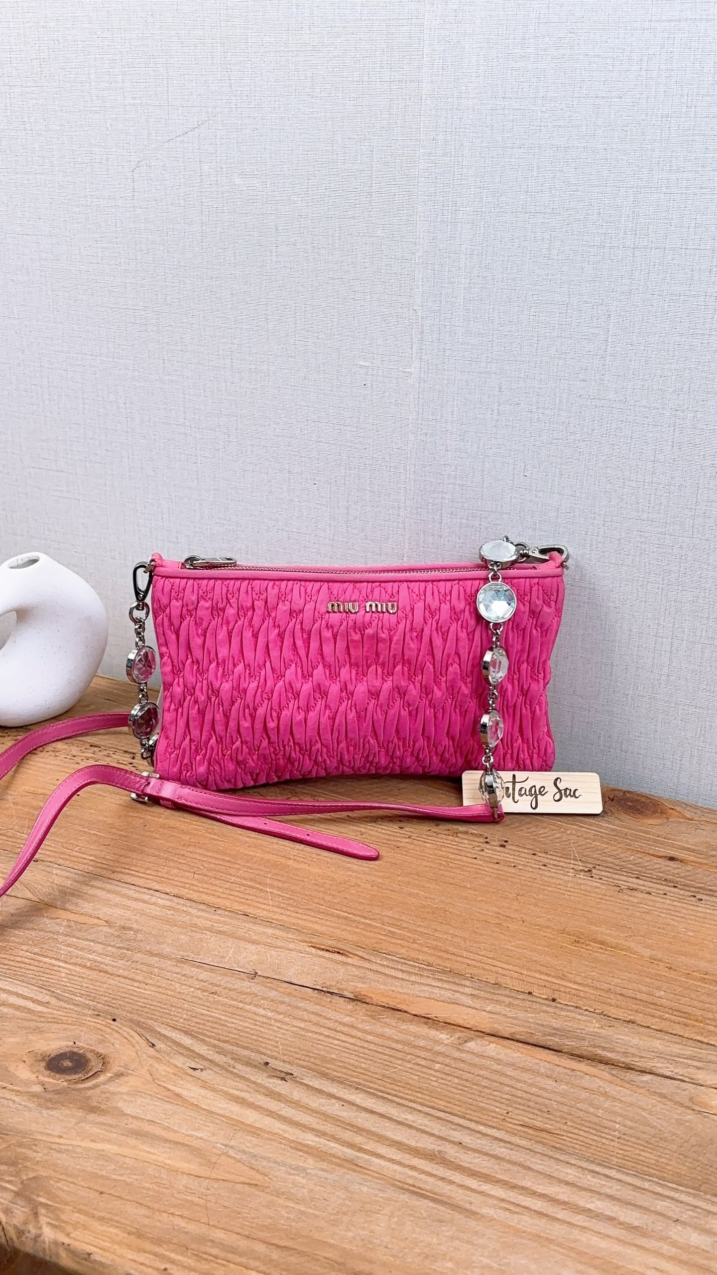 Miu Miu Pink Nylon Matelasse Crystal Chain Crossbody Bag