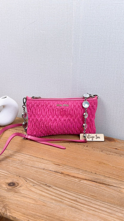 Miu Miu Pink Nylon Matelasse Crystal Chain Crossbody Bag