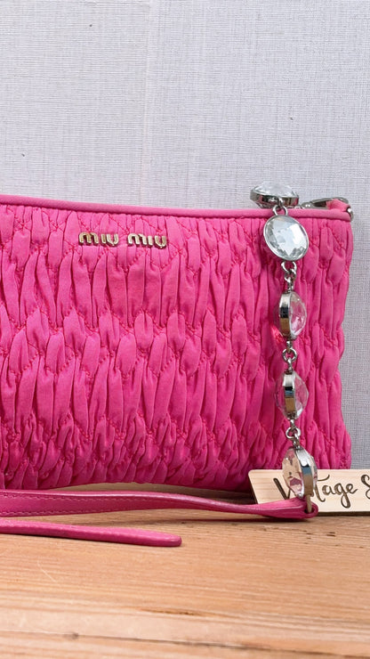 Miu Miu Pink Nylon Matelasse Crystal Chain Crossbody Bag