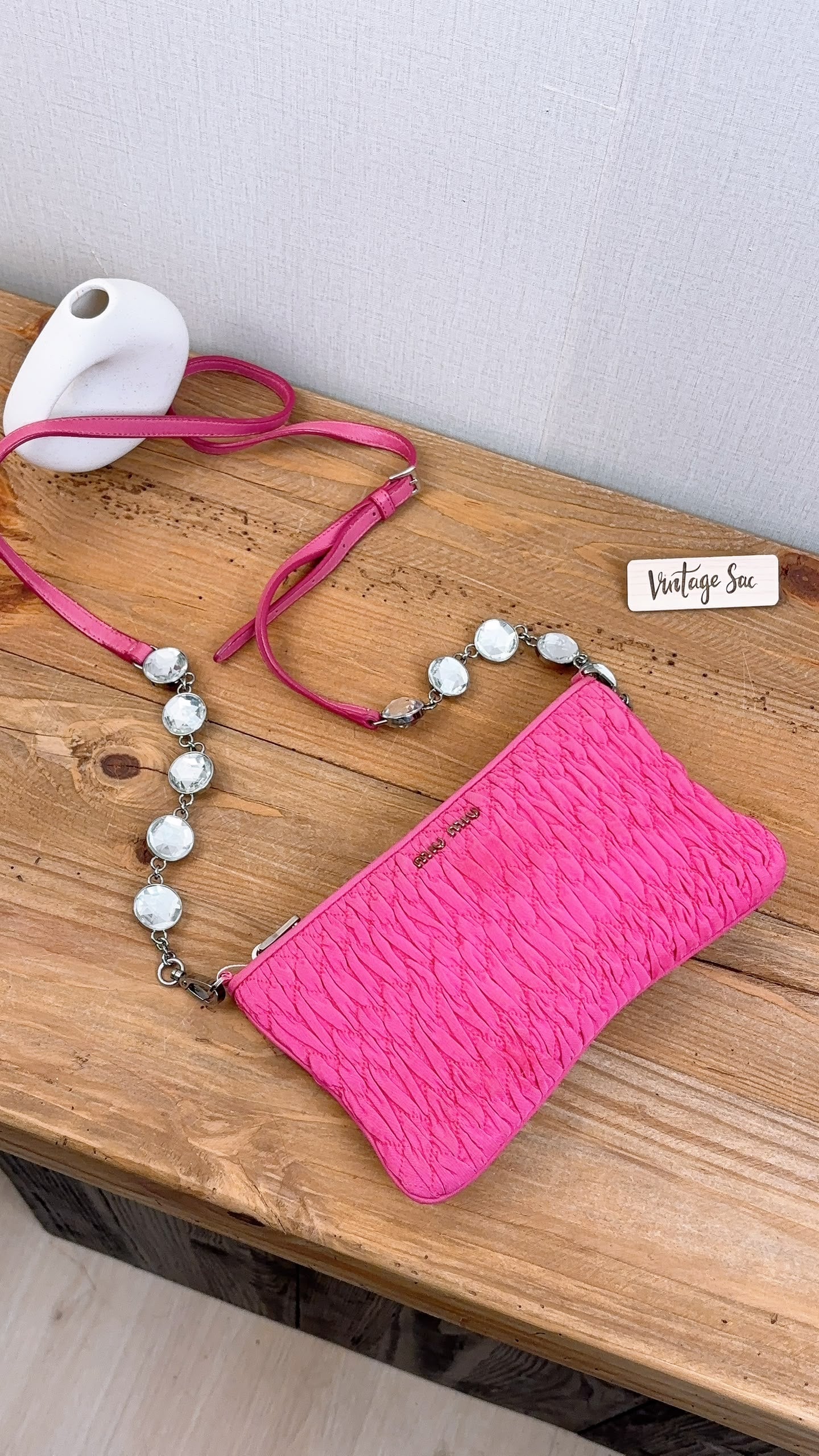 Miu Miu Pink Nylon Matelasse Crystal Chain Crossbody Bag