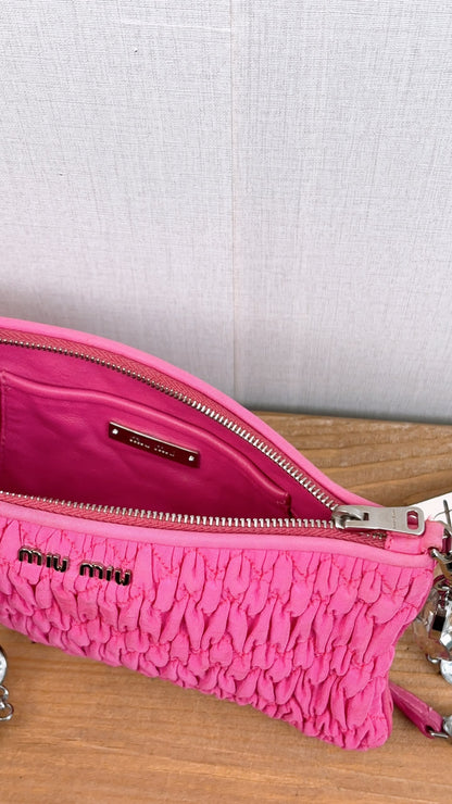 Miu Miu Pink Nylon Matelasse Crystal Chain Crossbody Bag