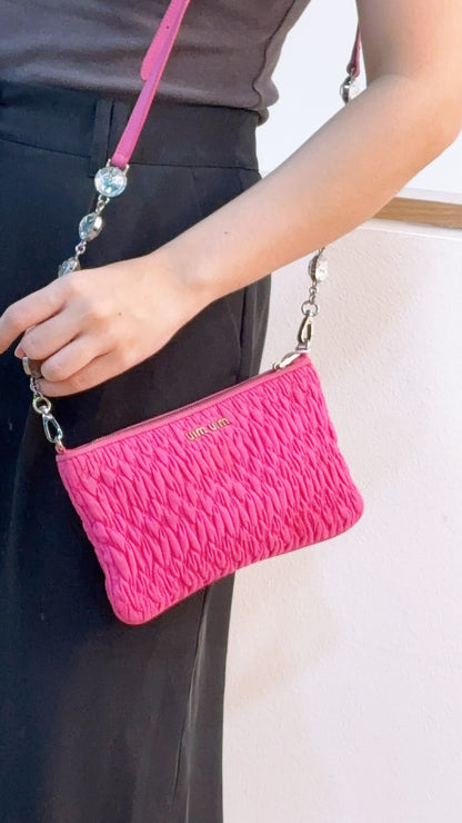 Miu Miu Pink Nylon Matelasse Crystal Chain Crossbody Bag