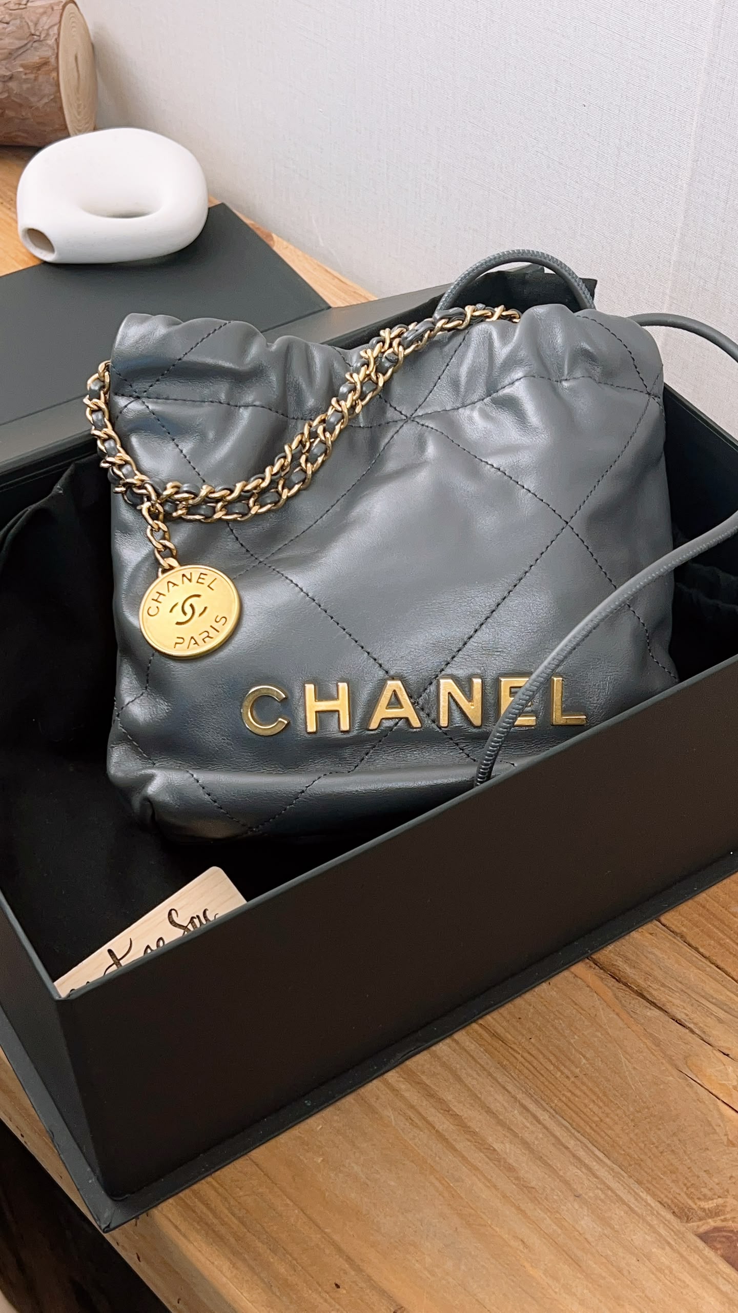Chanel Dark Grey Calfskin Mini 22 (GHW)